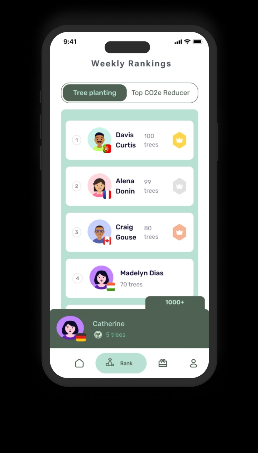 Screenshot of Ecovolve – Climb the Leaderboards of Change. Turn climate action into a movement. The Ranking screen motivates users to plant more trees—or face their CO₂ footprint head-on.