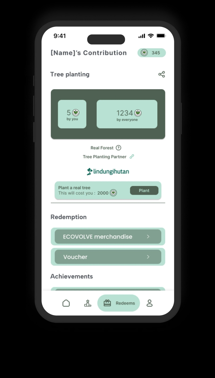 Screenshot of Ecovolve – Get Rewarded for Eco Action. Every step you take earns EcoCoins. Use them to plant trees, unlock exclusive perks, or shop conscious, sustainable merchandise.